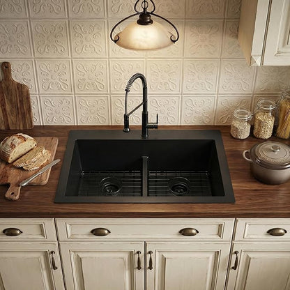 MILOSEN 33''x22''Black Double Bowl Kitchen Sink, 50/50 T304 Stainless Steel Drop in Kitchen Sinks, Topmount Large and Deep Workstation Sink, Handmade Low-Divide Double Basin with Custom Accessories