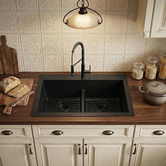 MILOSEN 33''x22''Black Double Bowl Kitchen Sink, 50/50 T304 Stainless Steel Drop in Kitchen Sinks, Topmount Large and Deep Workstation Sink, Handmade Low-Divide Double Basin with Custom Accessories