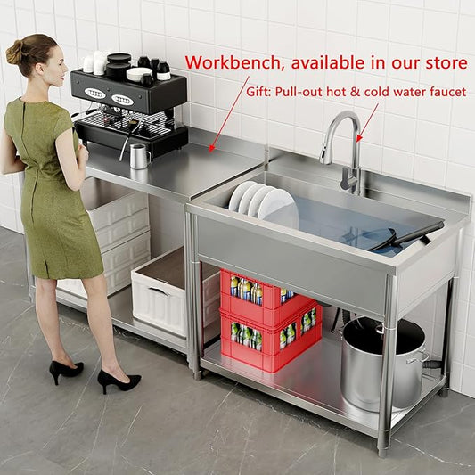 Stainless Steel Utility Sink, Large Freestanding Laundry Sink with Pull-out Faucet for Kitchen, Bathroom, Laundry Room, Garage, Outdoor/Indoor Use, Pet Cleaning, D21.65 x W35.43 x H36.61 inch