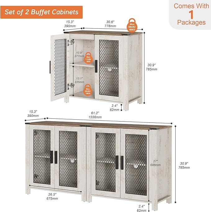 WAMAPT Sideboard Buffet Cabinets with 4-Mesh Door, Set of 2 Wood Kitchen Storage Cabinets with Adjustable Shelf, Coffee Bar Tables for Dining Room, Living Room,Oak and White