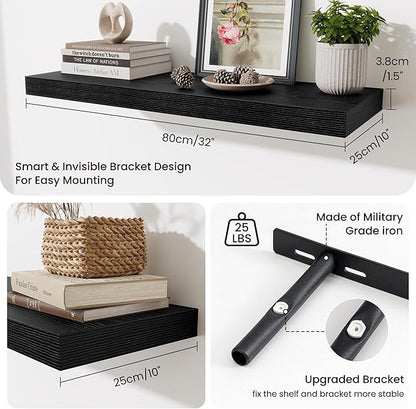 Fun Memories Floating Shelves for Wall, 32 Inch Long Floating Shelves Set of 2, 32 x 10 Wooden Shelves for Wall, Large Storage Shelves, Hanging Shelves for Bathroom Kitchen Bedroom, Black