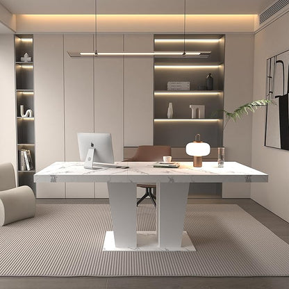 63" - 79" Extendable Dining Room Table, Expandable Kitchen Table for 6 to 10 People, Modern Wood Conference Table, Large Dining Table(Faux White Marble, Pedestal Base B)