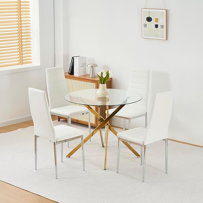 Round Glass Dining Table,Glass Dining Room Table with Metal Legs, Modern Glass Kitchen Table for Home, Kitchen, Dining Room