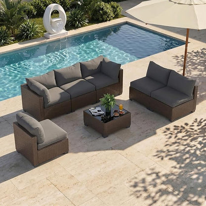 Patio Furniture Set, 7-Piece Outdoor Sectional Couch with Coffee Table & Thick Cushions, Outdoor Wicker Conversation Set for Backyard, Poolside, Garden (Brown-Grey, 7 Piece-Single)
