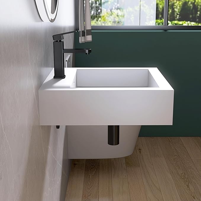Small Vessel Sink, 19" x 19" Wall Mount Bathroom Sink, Stone Resin Floating Sinks with Overflow, Square Solid Surface Floating Vessel Sinks, White