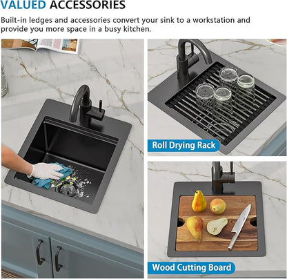 13"x15" Drop In Bar Prep Sink Workstation – Gunmetal Black NANO-PVD, 16 Gauge 304 Stainless Steel, Single Bowl Top Mount Wet Bar RV Outdoor Kitchen Sink with Faucet