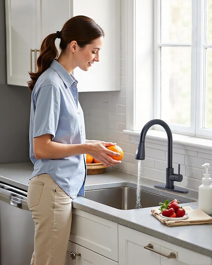 Matte Black Kitchen Faucet with Pull Down Sprayer, Modern Stainless Steel Single Handle Pull Down RV Farmhouse Bar Laundry Kitchen Sink Faucet with Deck Plate for 1 or 3 Hole, UF-KYT010B-D