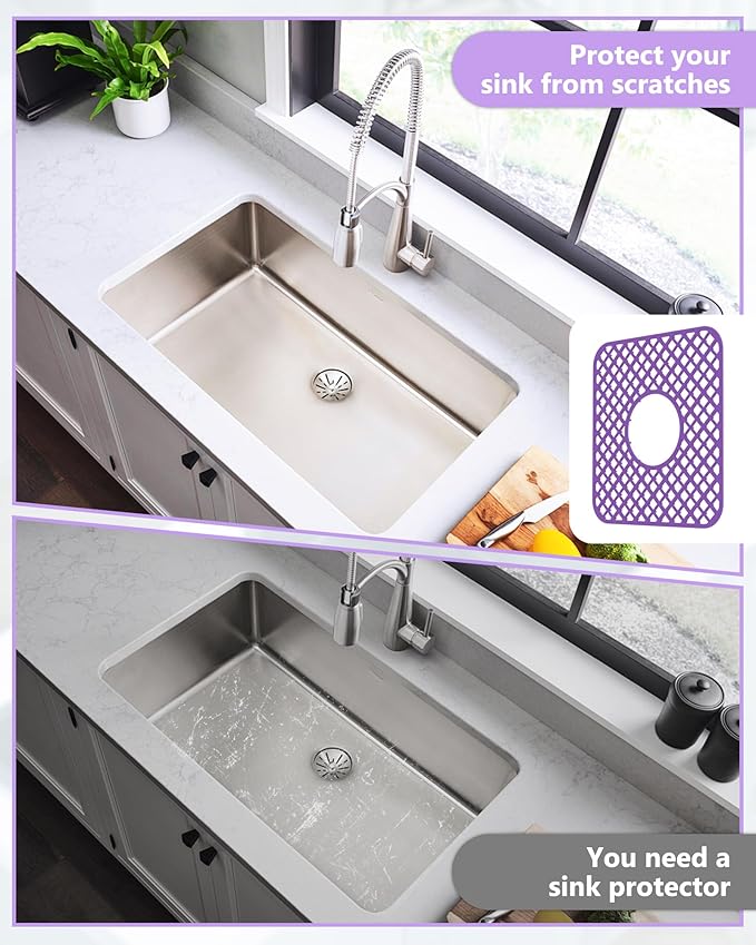 2 Pack Silicone Sink Protector for Kitchen Sink, Trellis Pattern 12 x 11" Sink Grid Mat Silicone Protectors, Center Drain, Purple