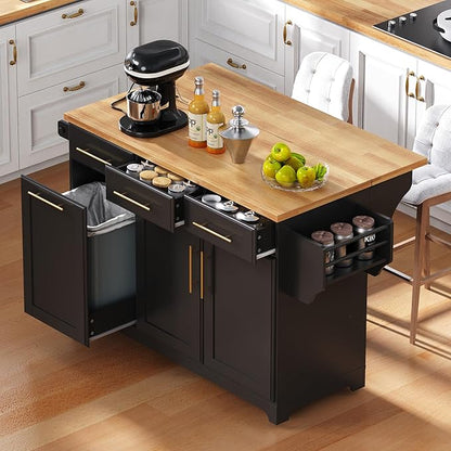 JIJIWANG 59.3" Kitchen Island with Storage 2 Pull Out Cabinet Organizers & Rubber Wood Drop Leaf, Rolling Island with Trash Can Storage, Power Outlet, Spice & Towel Rack for Kitchen, Dining, Black