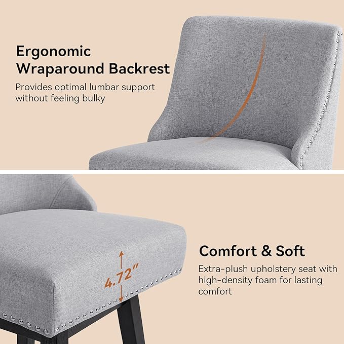 Counter Height Swivel Bar Stools Set of 6, Modern Linen Fabric Swivel Barstools with Back and Wood Legs, Upholstered 26" Seat Height Counter Stools for Kitchen Island, Home Bar, Grey