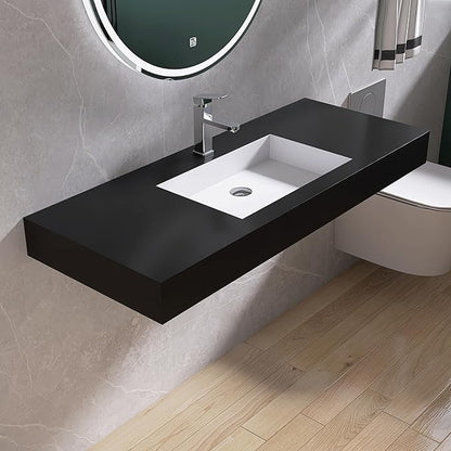 47"X19" Bathroom Sink with Single Faucet Hole, Stone Resin Wall-Mount or Floating Sink, Rectangle Solid Surface Countertop Vessel Sink with Mounting Brackets