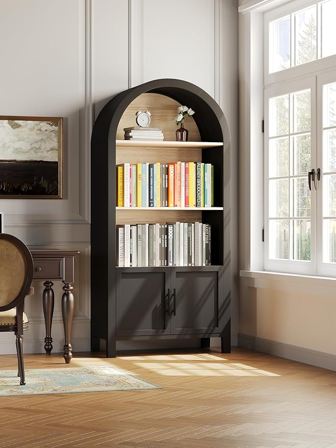 Ball & Cast 67" Tall Arched Storage Cabinet, Modern 3-Tier Wooden Kitchen Pantry Cabinet with Doors & Open Shelves,Versatile Bookcase Display Cabinet for Living Room,Office,Dining Room,Black