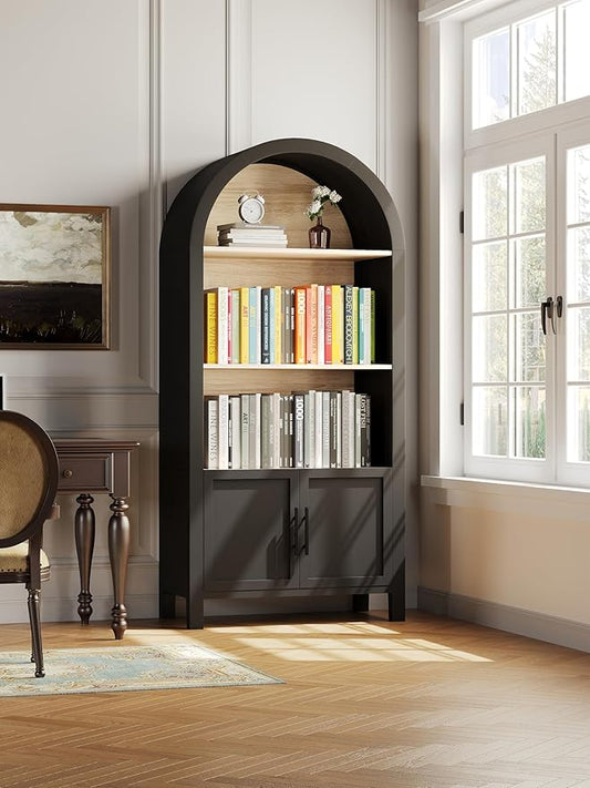 Ball & Cast 67" Tall Arched Storage Cabinet, Modern 3-Tier Wooden Kitchen Pantry Cabinet with Doors & Open Shelves,Versatile Bookcase Display Cabinet for Living Room,Office,Dining Room,Black