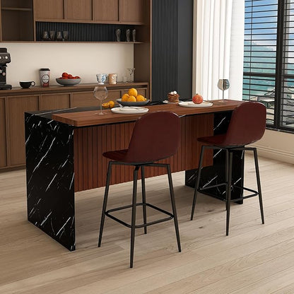 Runboll 63" Large Island Table Set with 2 Bar Stools, Modern Faux Marble Dining Table Set with Multi-Color LED Lights, Kitchen Island with Grille Design for Dining Room, Home, Office, Living Room