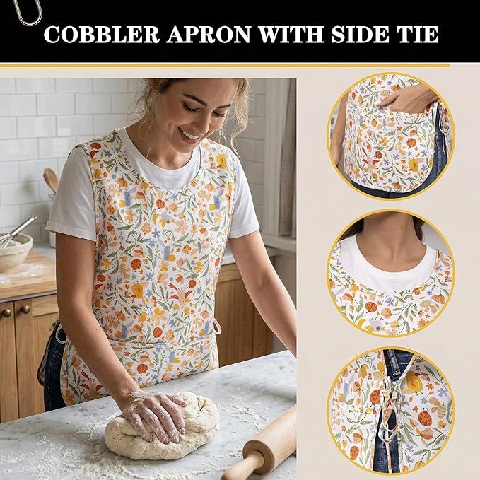 Nanxson Women Cobbler Apron with 2 Patch Pockets Cotton printed Smock with Side Ties for Work Chef kitchen CF3187