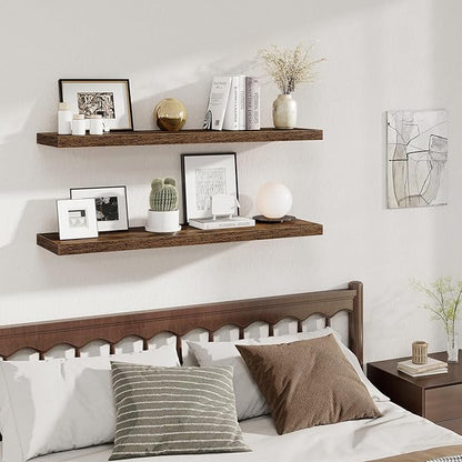Fun Memories 12 Deep Floating Shelves for Wall, 48W x 12D Extra Large Floating Shelves Set of 2, Hanging Wood Wall Shelves for Living Room, Kitchen, Bedroom, Farmhouse, Laundry Room, Office - Brown