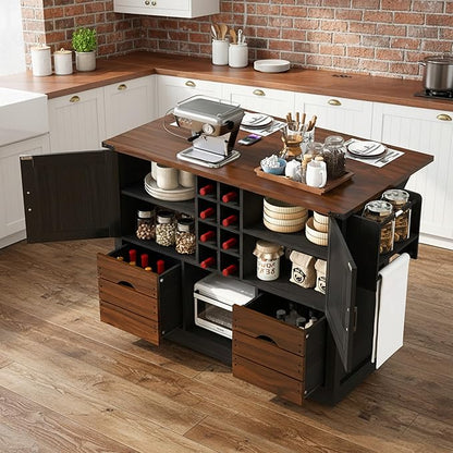 54" Farmhouse Kitchen Island Table with Drop Leaf, Power Outlet, Kitchen Storage Cart with 2 Doors, 2 Drawers, Rolling Kitchen Island on 4 Large Wheels with Spice Rack for Kitchen, Dining Room, Black
