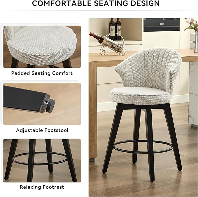 Wing Back Swivel Bar Stools Set of 2 25" Counter Height Adjustable Stools with Solid Wood Legs Chenille Upholstery, Leveling Feet for Kitchen Island, Home Pub or Dining Room, White