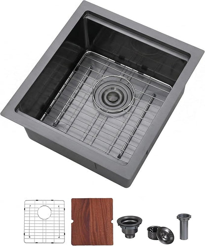 15x17 Black Bar Sink Undermount, Gunmetal Black Workstation Stainless Steel 16 Gauge Small Kitchen RV Prep Wet Bar Sink 9" Deep Single Bowl with Cutting Board
