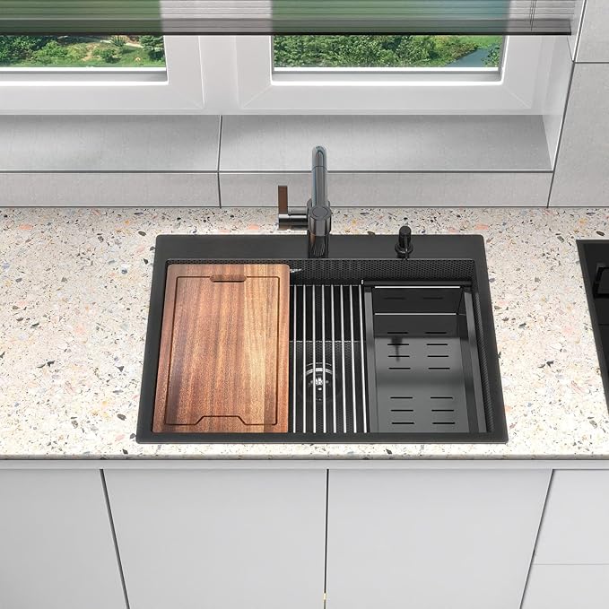 28inch Black Kitchen Sink Drop In - Feibus 28x22x10 with Double Step Workstation Sink 16 Gauge Honeycomb Embossment Stainless Steel Single Bowl