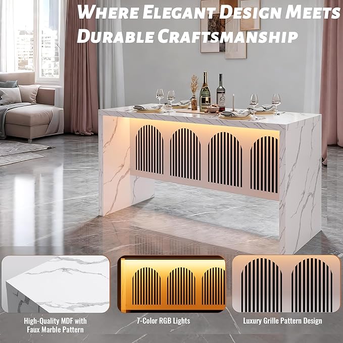 59" Large Imitation Marble Dining Table for 4-6 People - Faux Marble Dining Tablee with Adjustable Lights,Faux Marble Dining Table with Grille Design for Kitchen, Dining Room & Living Room,No Chairs