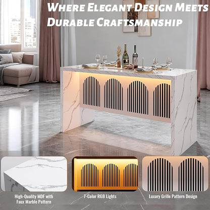 59" Large Imitation Marble Dining Table for 4-6 People - Faux Marble Dining Tablee with Adjustable Lights,Faux Marble Dining Table with Grille Design for Kitchen, Dining Room & Living Room,No Chairs