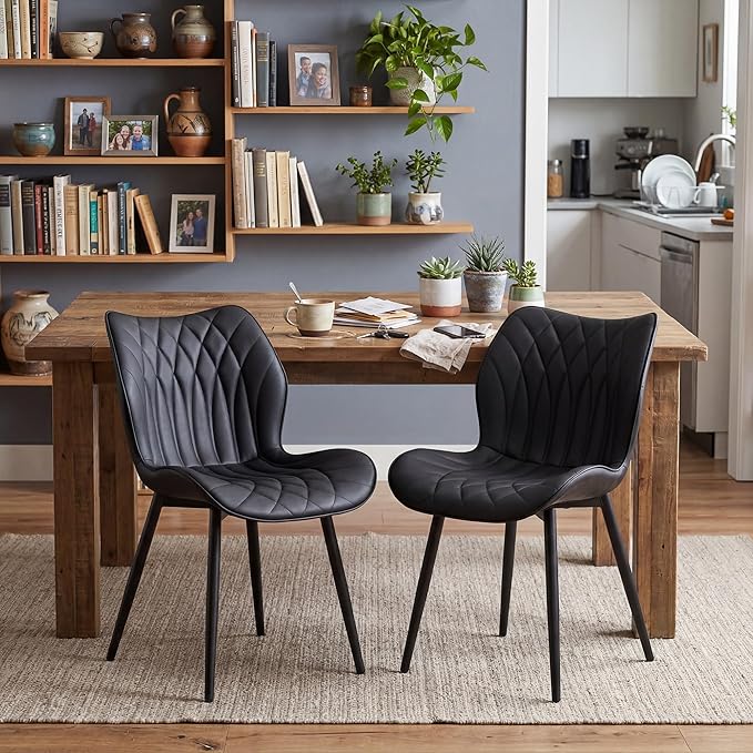 Kidol & Shellder Dining Chairs Set of 2, PU Leather Upholstered Kitchen Chairs with Back Armless, Mid Century Modern Side Chair for Dining Room, Living Room, Lounge, Restaurant, Black