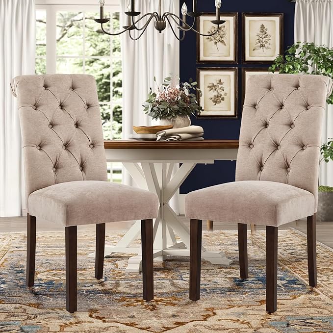Tufted Dining Chairs Set of 2, Upholstered Parsons Dining Room Chairs, Fabric Kitchen Side Chair with Wood Legs, Taupe