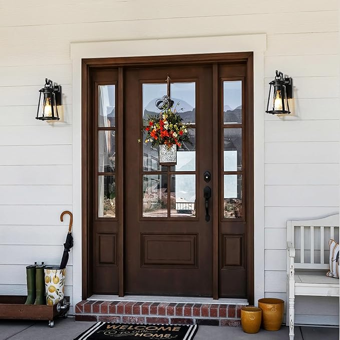 Outdoor Wall Lantern Light Fixture, Black Exterior Wall Mounted Sconces with Seeded Glass, Farmhouse Anti-Rust Porch Lights for Front Door, Garage, Entry, Porch, Patio, and Gazebo