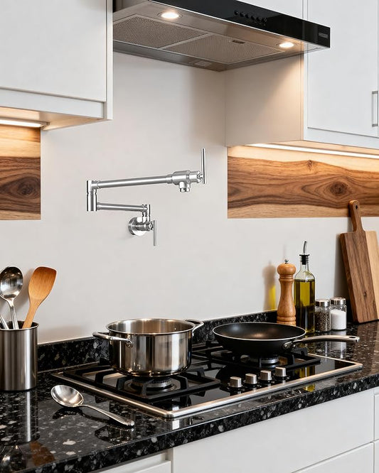 Fransiton Pot Filler, Brushed Nickel Pot Filler Faucet Wall Mount, Brass Folding Stretchable with Double Joint Swing Arm Single Hole Two Handles Kitchen