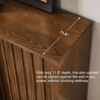 Amposei Mid Century Modern Sideboard Cabinet | Slim Fluted Credenza with Sliding Doors | Narrow Storage Buffet Console Table for Small Spaces, Living Room, Entryway, Kitchen (Walnut, 32")