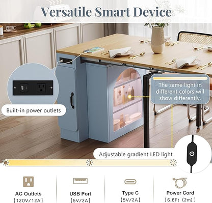 15.6"-59" L x 32.7” W Extendable Dining Table with 3 Removable Middle Leaves Arched Glass Door Power Outlet USB Ports Leveling Feet MDF Kitchen Island Bar Table for Small Spaces Grey-Blue,Natural