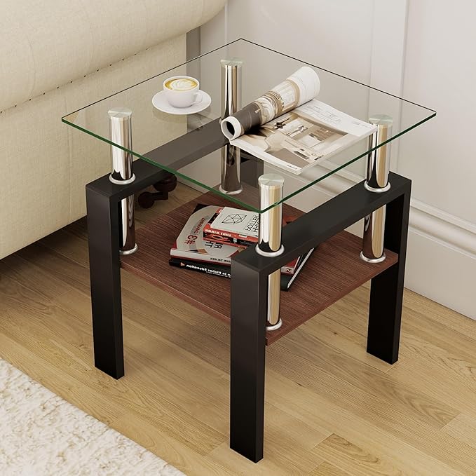 Set of 2 Glass End Table, 2-Layer Glass Living Room Table, Modern Tea Table Side Tables for Home Office Furniture