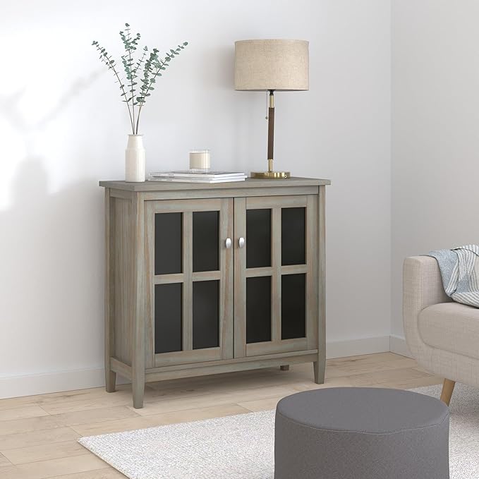 SIMPLIHOME Warm Shaker Storage Cabinet - 32 inch Wide Solid Wood 2-Shelf Low Storage Cabinet in Distressed Grey, Transitional Accent Cabinet for Entryway with Tempered Glass Doors and Shelves