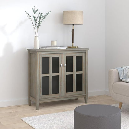 SIMPLIHOME Warm Shaker Storage Cabinet - 32 inch Wide Solid Wood 2-Shelf Low Storage Cabinet in Distressed Grey, Transitional Accent Cabinet for Entryway with Tempered Glass Doors and Shelves