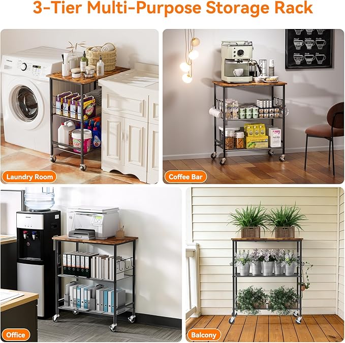 NTE Rolling Kitchen Microwave Cart, 3 Tier Microwave Stand with Storage, Small Kitchen Island on Wheels, Kitchen Storage Cart with 6 Hooks for Kitchen, Coffee Bar, Living Room, Balcony