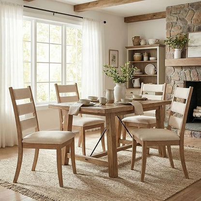 Beige Dining Chairs Set of 2, French Country Upholstered Chenille Ladder High Back Dining Room Kitchen Side Chairs with Brown Legs/Non-Slip Foot Mats