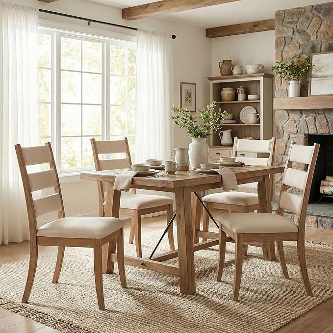 Beige Dining Chairs Set of 6, French Country Upholstered Chenille Ladder High Back Dining Room Kitchen Side Chairs with Brown Legs/Non-Slip Foot Mats