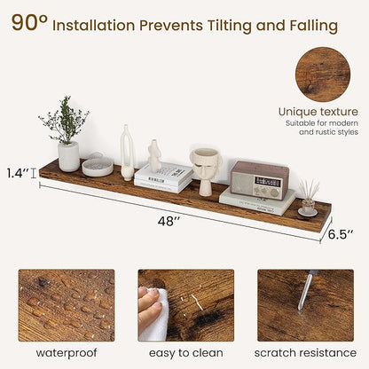 Dreamland 48Inch Floating Shelves for Wall, Rustic Wooden Storage Shelf for Living Room, Kitchen, Farmhouse, Wall Mounted Display Shelving with Invisible Heavy-Duty Metal Bracket, Set of 2 - Brown