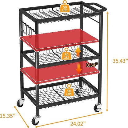 3-Tier Rolling Cart, Space-Saving Kitchen Cart with 150Lbs Capacity, Black Storage Cart with 2 Lockable Wheels for Kitchen Island, Restaurant, Garage, Backyard