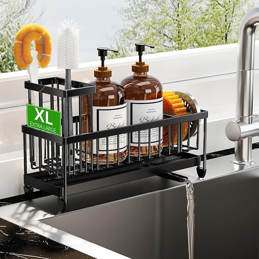 Cisily Sponge Holder for Kitchen Sink, Sink Caddy Organizer with High Brush Holder, Kitchen Countertop Organizers and Storage Essentials, Rustproof 304 Stainless Steel (Black, 10.62″)