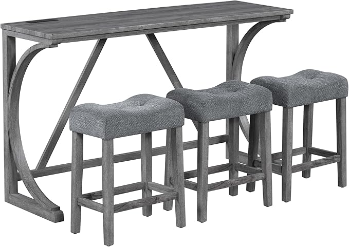 Polibi 4-Piece Farmhouse Counter Height Dining Set, Bar Table and Chairs Set, Wood Dining Table Set with Power Outlet and 3 Upholstered Stools for Breakfast Nook, Living Room, Grey