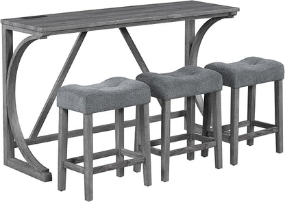 HABITRIO Bar Table and Chairs Set, 4 Piece Kitchen Table Set with Power Outlet, High Top Table with 3 Fabric stools for Small Space, Dining Room, Gray