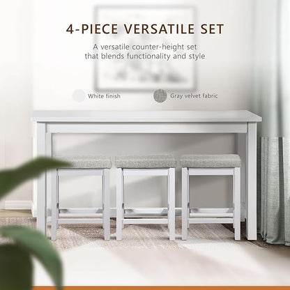 Lexicon 4-Piece Counter Height Table with 3 Stools, Wood Kitchen Counter Table Set with 2 Built-in USB Ports, 2 Charging A/C Power Outlets, Console Drawer, Upholstered Bar Stools, White