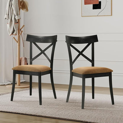 JUSTONE Dining Chairs Set of 2, Cross Back Side Chairs with Hillary Brown Leather Seats, Modern Wooden Kitchen Chairs, Walnut Black Finish for Dining Room, Kitchen, Home Cafe, Bar