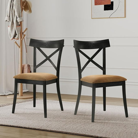JUSTONE Dining Chairs Set of 2, Cross Back Side Chairs with Hillary Brown Leather Seats, Modern Wooden Kitchen Chairs, Walnut Black Finish for Dining Room, Kitchen, Home Cafe, Bar