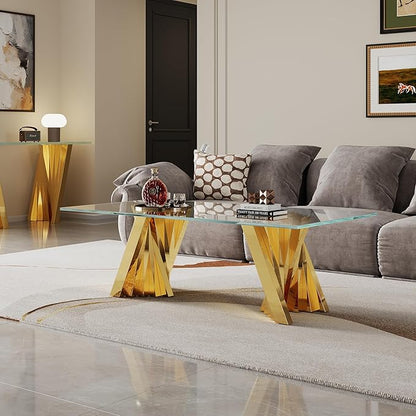 AF ARTISAN FURNITURE Glass Coffee Table, 51 Inch Rectangular Tempered Glass Coffee Table with Stainless Steel Legs, Central Table Cocktail Table Tea Table for Living Room Office, Gold