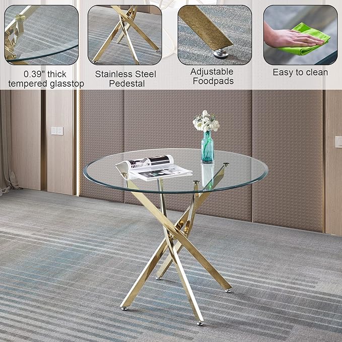 Pvillez 36“ Round Dining Table for 4, Contemporary Tempered Glass Dining Table, Small Dinner Table with Stainless Steel Base, Round Clear Kitchen Table Writing Desk for Dining Kitchen
