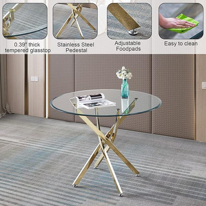 Pvillez 36“ Round Dining Table for 4, Contemporary Tempered Glass Dining Table, Small Dinner Table with Stainless Steel Base, Round Clear Kitchen Table Writing Desk for Dining Kitchen