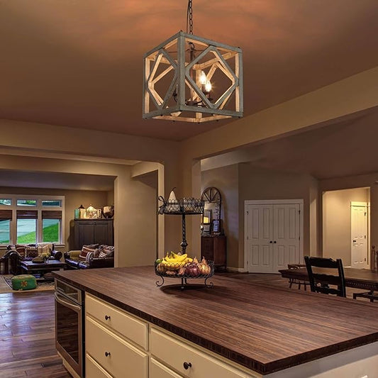 Farmhouse Chandelier, 4-Light Rustic Cage Dining Room Chandelier Over Table, Wood Square Chandeliers Hanging Light Fixture for Bedrooms, Kitchen Island, Entryway, Foyer